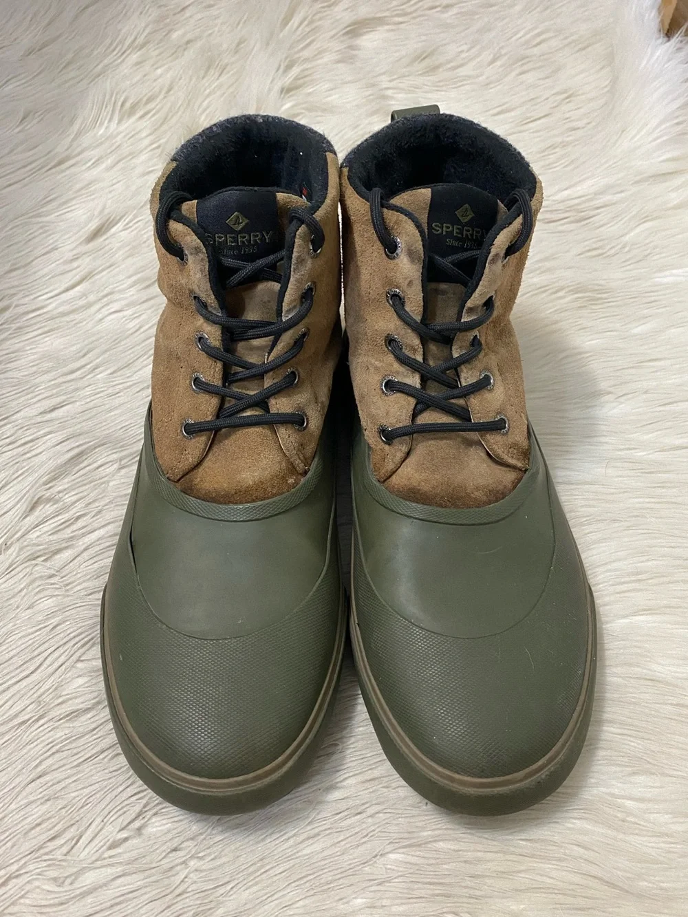 Sperry Men's Cutwater Deck Boot Brown Suede Leather Olive Thinsulate Fleece 11